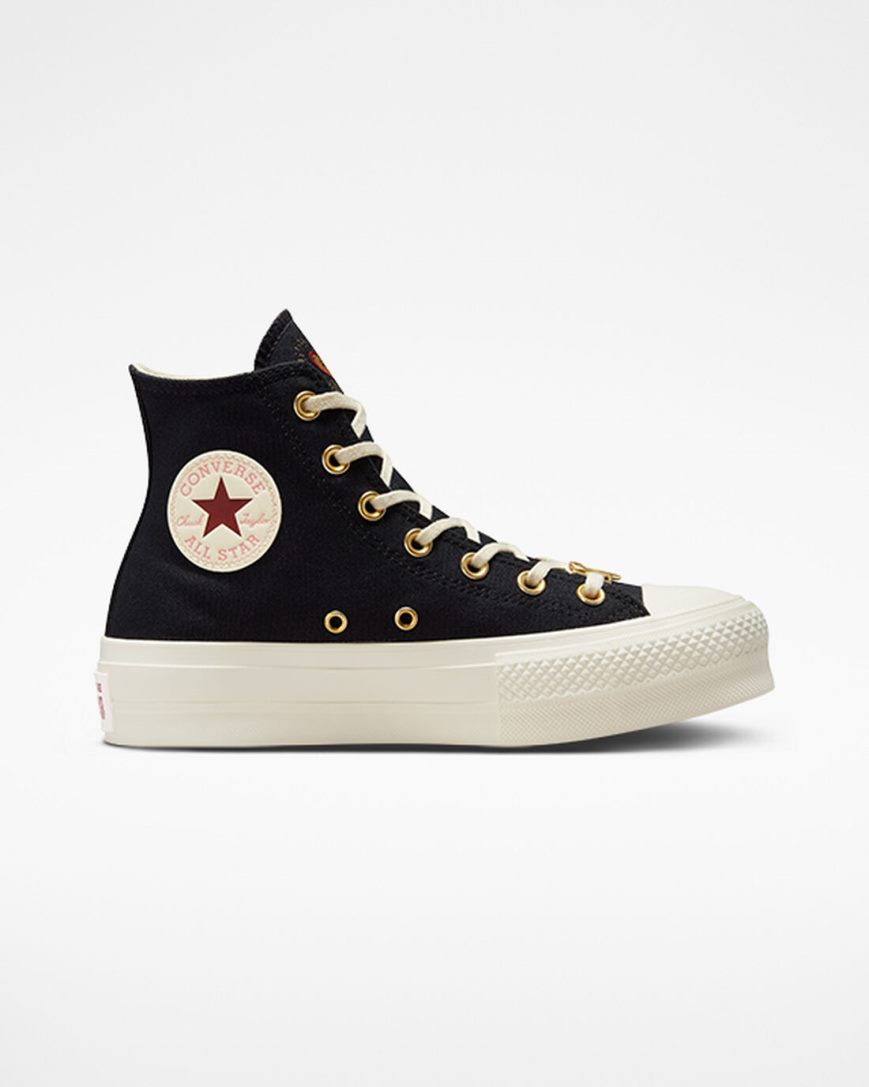 Dámské Boty Na Platformy Converse Chuck Taylor All Star Lift Hearts Vysoké Černé Tmavě Červené | CZ PIOC25